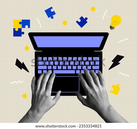 Top view of man working using computer. Vector illustration of website design, development, programming, seo. Creative concept for web banner, social media banner, business presentation.	