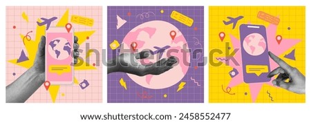 Trendy Halftone Collage Hand holding Mobile Phone, plane, Location Pin. Online tracking. Contemporary art with position element. Delivery route. Choose and find trip. Surreal vector illustration