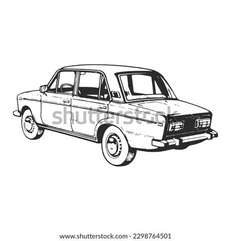 Soviet era old car. Lada VAZ Zhiguli model. Hand drawn ink vector illustration. Sketch vector drawing.