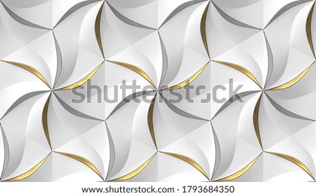 White hexagons stylized in the form of decorative convex modules resembling flowers with silver and golden leaves. 3d illustration. High quality image for print and web.