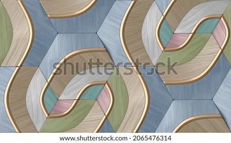 3D illustration.Geometric seamless 3D pattern in colors wood fragments and golden elements. Asymmetric composition. Zdjęcia stock © 