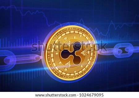 Crypto currency. Block chain. Ripple. 3D isometric Physical golden Ripple coin with wireframe chain. Blockchain concept. Editable Cryptocurrency template. Stock vector illustration