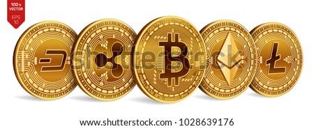Bitcoin. Ripple. Ethereum. Dash. Litecoin. 3D isometric Physical coins. Crypto currency. Golden coins with bitcoin, ripple, ethereum, dash and litecoin symbol on white background