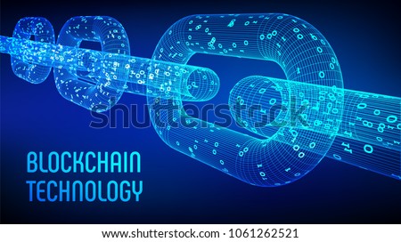 Block chain. Crypto currency. Blockchain concept. 3D wireframe chain with digital code. Editable cryptocurrency template. Stock vector illustration.