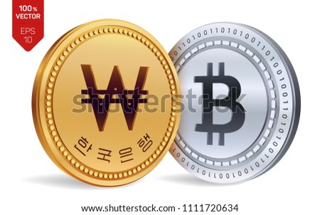 Bitcoin. Won. 3D isometric Physical coins. Digital currency. Korea Won coin. Cryptocurrency. Golden and silver coins with Bitcoin and Won symbol isolated on white background. Vector illustration.