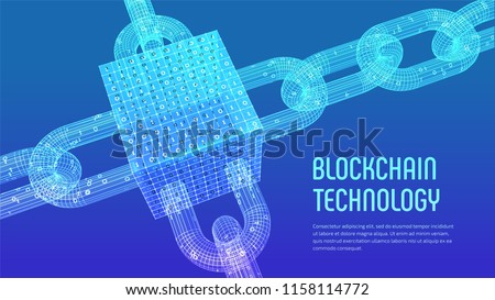Block chain. Crypto currency. Blockchain concept. 3D wireframe chain and isometric digital block with digital code. Editable cryptocurrency template. Stock vector illustration.