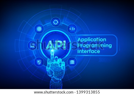 API. Application Programming Interface, software development tool, information technology and business concept on virtual screen. Robotic hand touching digital interface. AI. Vector illustration.