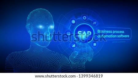 SAP Business process automation software. ERP enterprise resources planning system concept on virtual screen. Wireframed cyborg hand touching digital interface. AI. Vector illustration.