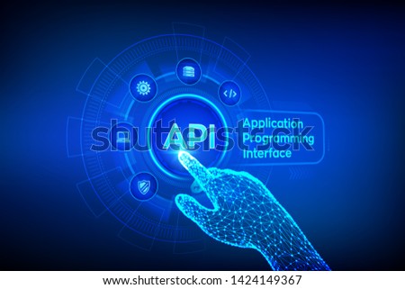 API. Application Programming Interface, software development tool, information technology and business concept on virtual screen. Robotic hand touching digital interface. AI. Vector illustration.