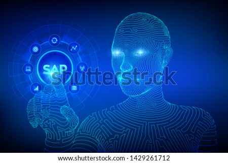 SAP Business process automation software. ERP enterprise resources planning system concept on virtual screen. Wireframed cyborg hand touching digital interface. AI. Vector illustration.