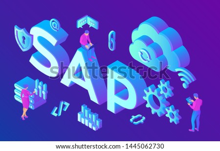SAP Business process automation software. ERP enterprise resources planning system concept. Technology process of Software development. Isometric vector Illustration with icons and characters.
