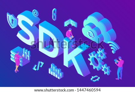 SDK. Software development kit programming language technology concept. Technology process of Software development. Isometric vector Illustration with icons and characters.