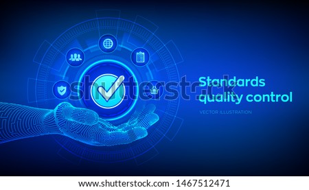 ISO standards quality control assurance warranty business technology concept. ISO standardization certification industry service concept. Accepted sign in robotic hand. Vector illustration.