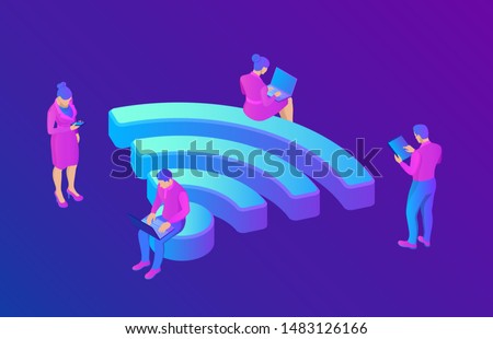 Wi-Fi. People in public free wi fi hotspot zone. People surfing internet sitting on a big wifi sign. Public assess zone. Wireless connection technology concept. 3D isometric vector illustration.