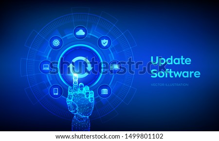 Update Software. Upgrade Software version concept on virtual screen. Computer program upgrade business technology internet concept. Robotic hand touching digital interface. Vector illustration.