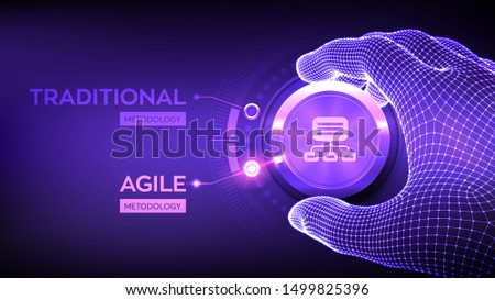 Agile software development methodology concept. Wireframe hand turning a knob and selecting Agile mode. Digital technology, big data concept. Flexible developing process. Vector illustration.