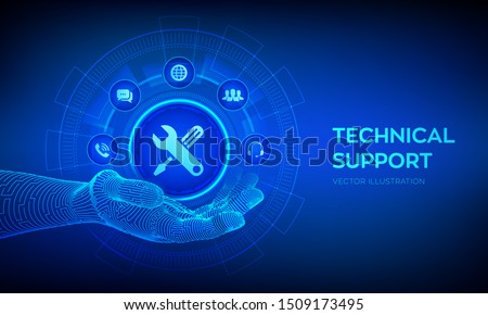 Technical support in robotic hand. Customer help. Tech support. Customer service, Business and technology concept. Vector illustration.