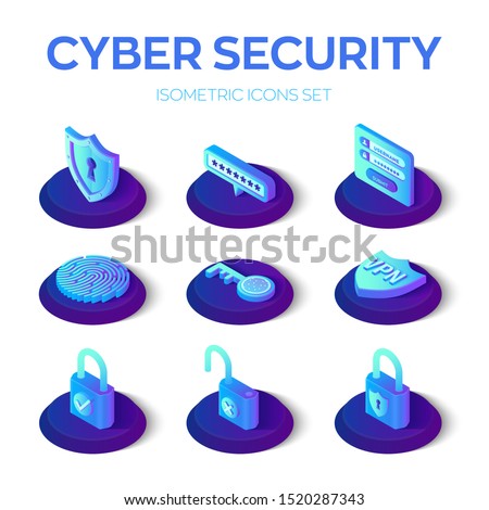 Cyber Sequrity icons set. 3D isometric data protection icons. Personal data protection. Authorization form, password, sequrity shield, key, lock, fingerprint, vpn Vector illustration.