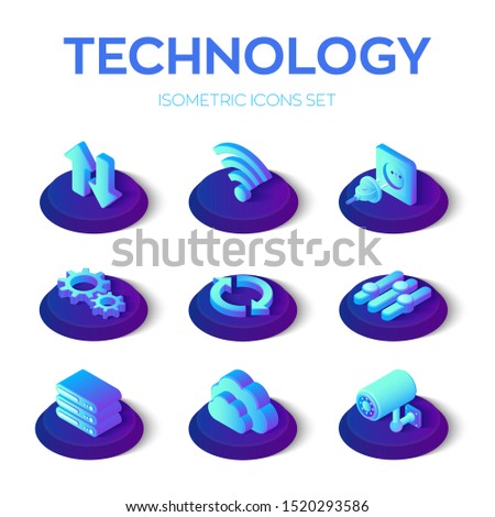 Isometric Technology icons set. Data transfer, Wi-Fi, Plug and socket, Gears, Update, Settings, Server, Cloud, Camera isometric icons. Created for Mobile, Web, Decor, Application. Vector Illustration.