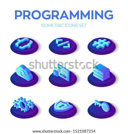 Programming and development icons set. 3D isometric software development icons. Digital industry. Code, server, cloud, gears, authorization form, hash tag, personal key, guard. Vector illustration.