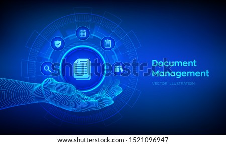 DMS. Document Management Data System. Document icon in robotic hand. Corporate data management system. Privacy data protection. Business Internet Technology Concept. Vector illustration.