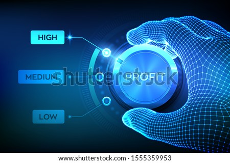 Profit levels knob button. Increasing Profit Level. Wireframe hand setting profit button on highest position. Finance concept illustration of profitability or return on investment. Vector illustration