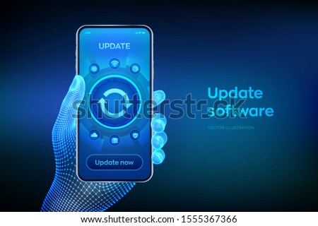 Update Software. Upgrade Software version concept on smartphone screen. Computer program upgrade business technology internet concept. Closeup smartphone in wireframe hand. Vector illustration.