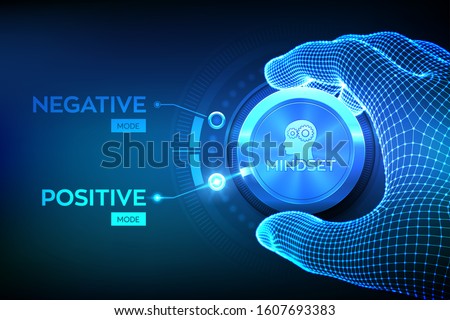 Positive or negative thinking. Feel happy or unhappy. Good or bad attitude. Wireframe hand turning a knob to switch from negative to positive mindset. Psychology Concept. Vector illustration.