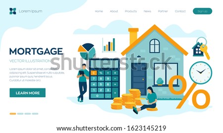 Mortgage concept. House loan or money investment to real estate. Property money investment contract. Family Buying Home. Man calculates home mortgage rate. Vector illustration with characters.