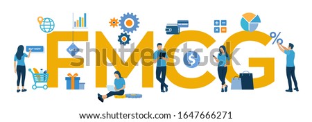 FMCG. Fast Moving Consumer Goods acronym. Quickly moving product, short term goods. Business and commerce concept with big word or text. Vector illustration with characters and icons.
