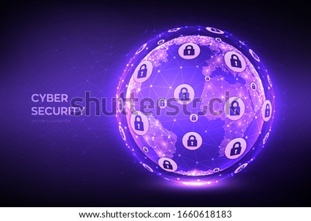 Cyber security. Earth globe illustration. Abstract polygonal planet. Information protect and Security of Safe concept. Illustrates cyber data security or network security idea. Vector illustration.