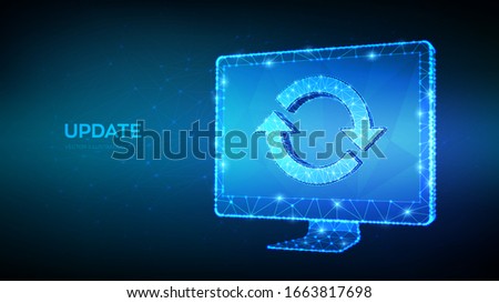 Update, Synchronization, Processing concept. Abstract low polygonal computer monitor with update or sync sign. Can be used for topics like refresh, recycling, reload. 3D polygonal vector illustration.