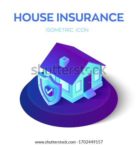 3D isometric insured house with security shield with check icon. Home and house protection insurance policy business service. Property insurance and safe concept. Vector Illustration.