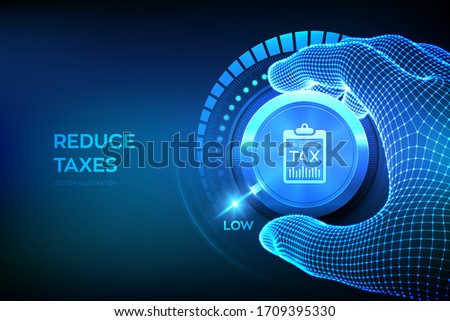 TAX levels knob button. Wireframe hand setting TAX button on lowest position. Reduce taxes concept. Vector illustration. ストックフォト © 
