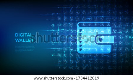 Digital wallet. Wallet icon made with currency symbols. Mobile banking, online finance, e-commerce banner. Dollar, euro, yen and pound icons. Background with currency signs. Vector illustration.