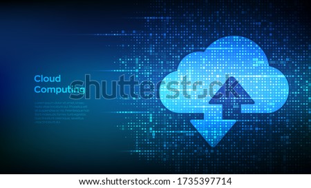 Cloud technology background. Cloud computing. Cloud storage sign with two arrows up and down icon made with binary code. Digital binary data and streaming digital code. Vector Illustration.