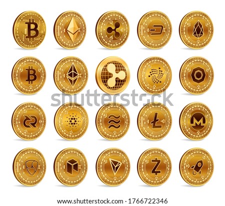 Cryptocurrency physical coins set. 