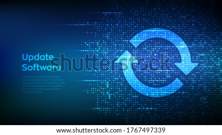 Update Software. Upgrade computer program version concept. Synchronization icons made with binary code. Digital binary data and streaming digital code. Matrix background with digits 1.0. Vector.