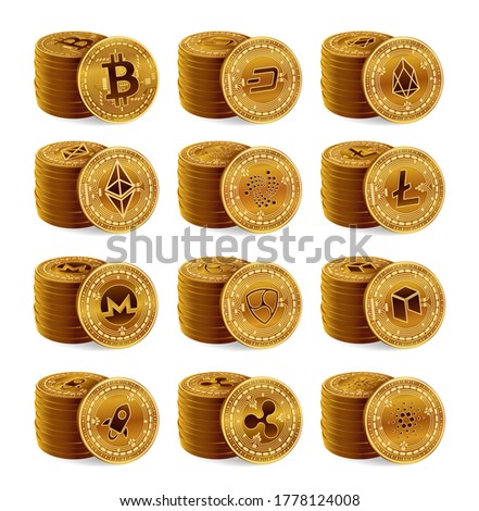 Cryptocurrency physical coins stack set. 3D Golden Crypto currency coins isolated on white background. Bitcoin, Ripple, Ethereum, Litecoin, Monero and other. Vector illustration.