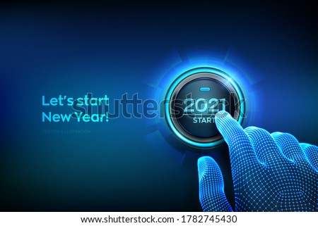 2021 start. Finger about to press a button with the text 2021 start. Happy new year. New Year two thousand and twenty one is coming concept. Vector illustration.