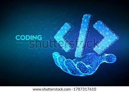Programming code icon. 3D Low polygonal abstract programming code symbol in hand. Coding or Hacker background. Development and software concept. Vector Illustration.