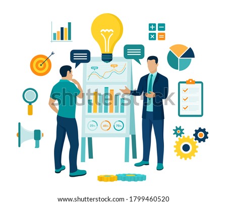 Coaching and mentoring concept. Business advise or consultation service. Businessman with personal mentor and business trainer discussing business strategy. Training courses. Vector illustration.