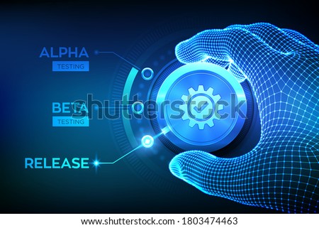 Software testing engineering concept. Alpha Beta Release testing. Wireframe hand turning a test process knob and selecting Release product mode. Software or app development phases. Vector illustration