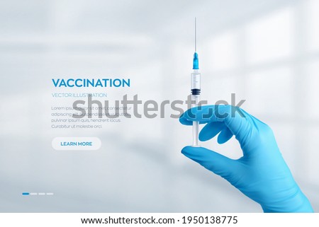 Hand in medical blue glove holding syringe with vaccine. Vaccination or medicare concept. Injection syringe with sharp needle in hand. COVID-19 coronavirus vaccine. Vector realistic illustration.