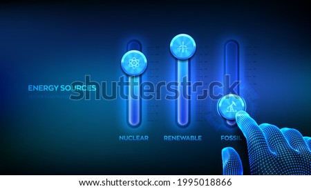 Energy sources control panel for fossil fuel, nuclear fuels and renewable energies. Energy industry sectors concept. Wireframe hand adjust a energy sources mixer. Mixing console. Vector illustration.