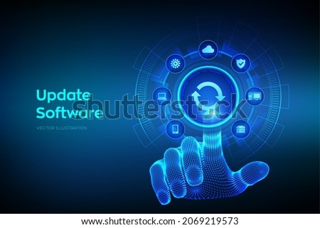 Update Software. Upgrade Software version concept on virtual screen. Computer program upgrade business technology internet concept. Wireframe hand touching digital interface. Vector illustration.