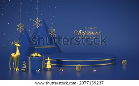 Christmas Scene and 3D round and cube platform on blue background. Blank Pedestal with deer, snowflakes, balls, gift boxes, golden metallic cone shape pine, spruce trees. Vector illustration.