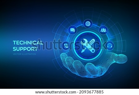 Technical support icon in robotic hand. Customer help. Tech support. Customer service, Business and technology concept. Vector illustration.