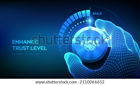 Trust levels knob button. Increasing confidence Level. Wireframe hand turning a trust test knob to the maximum position. High confidence level concept. Vector illustration. Foto stock © 