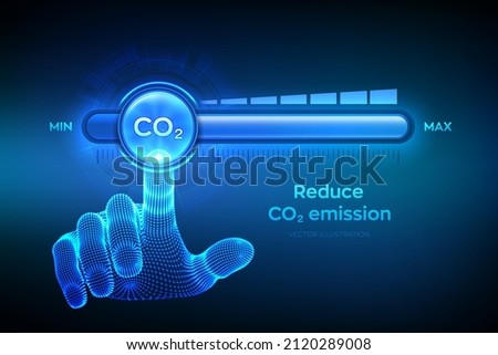 Carbon dioxide emissions control concept. Reduce CO2 level. Wireframe hand is pulling to the minimum position carbon dioxide progress bar. CO2 reduction or removal concept. Vector illustration. ストックフォト © 